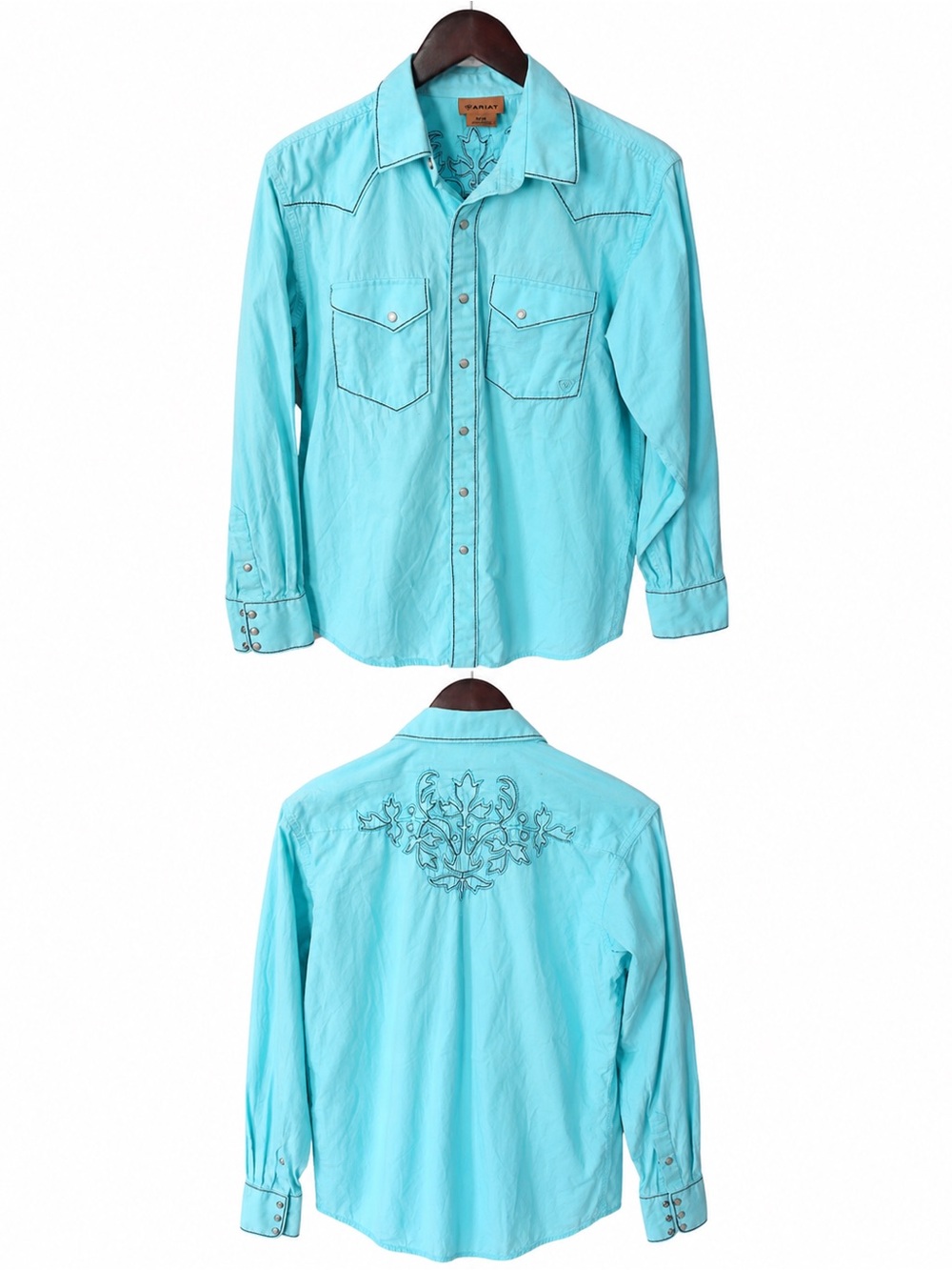Ariat Pearl Snap Turquoise Embroidered Western Cowboy Shirt